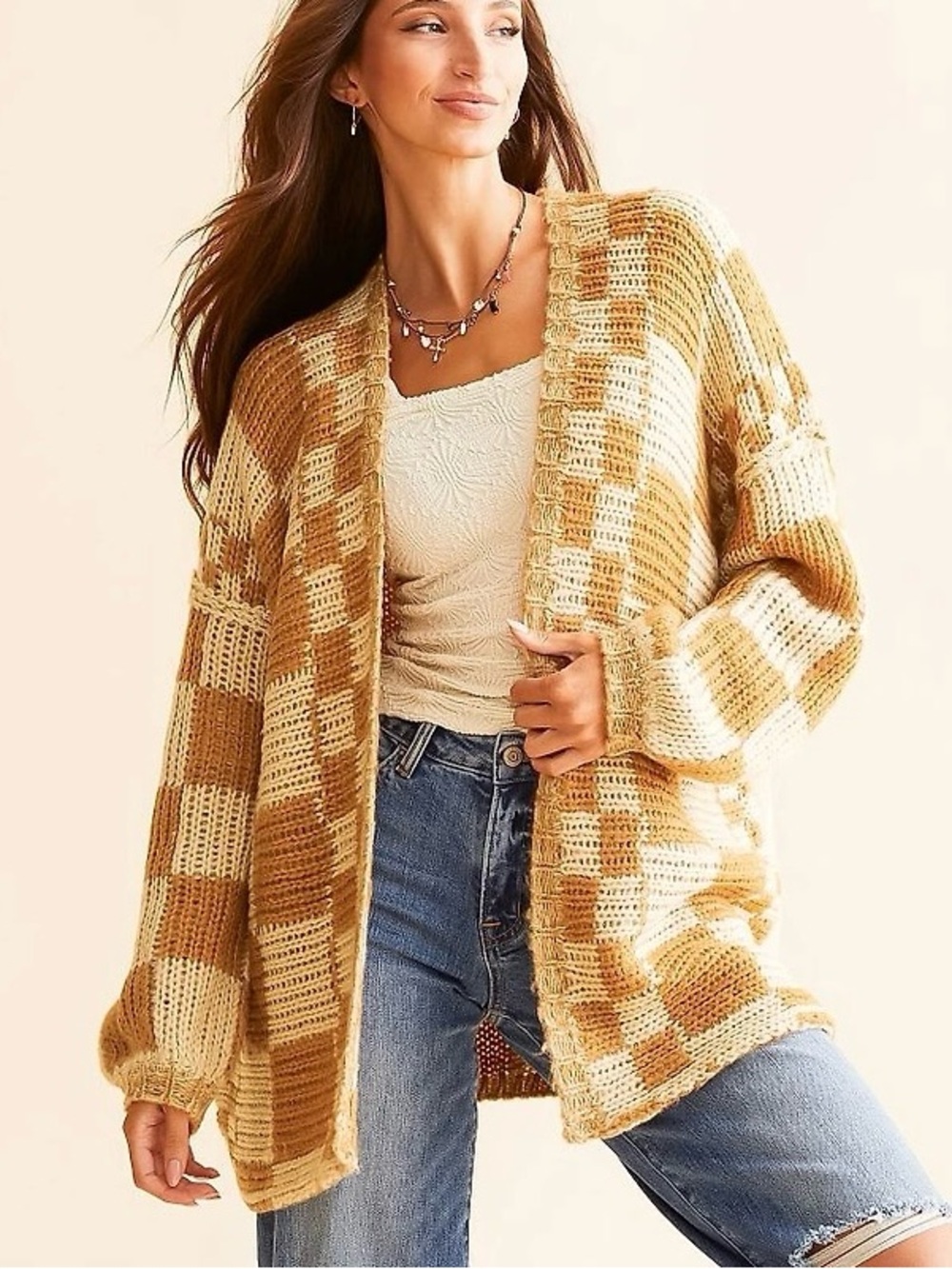 Altar'd State Mustard and Cream Check Open-Front Cardigan